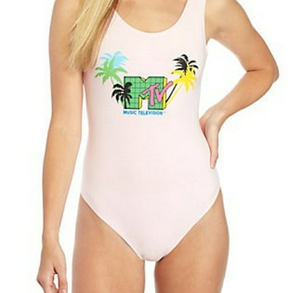 MTV Tops - MTV Sleeveless Pink Graphic Palm Tree Body Suit